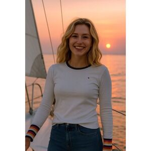 Tommy‎ Hilfiger XS White Long Sleeve Rainbow Trim Crew Neck T Shirt